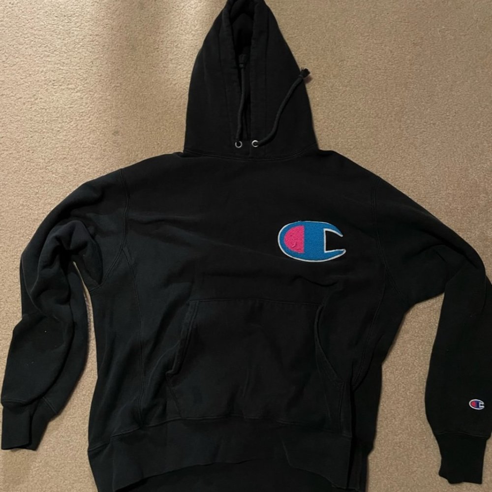 Champion Fuzzy Logo Hoodie Sweatshirt Pullover Black Mens Size Large